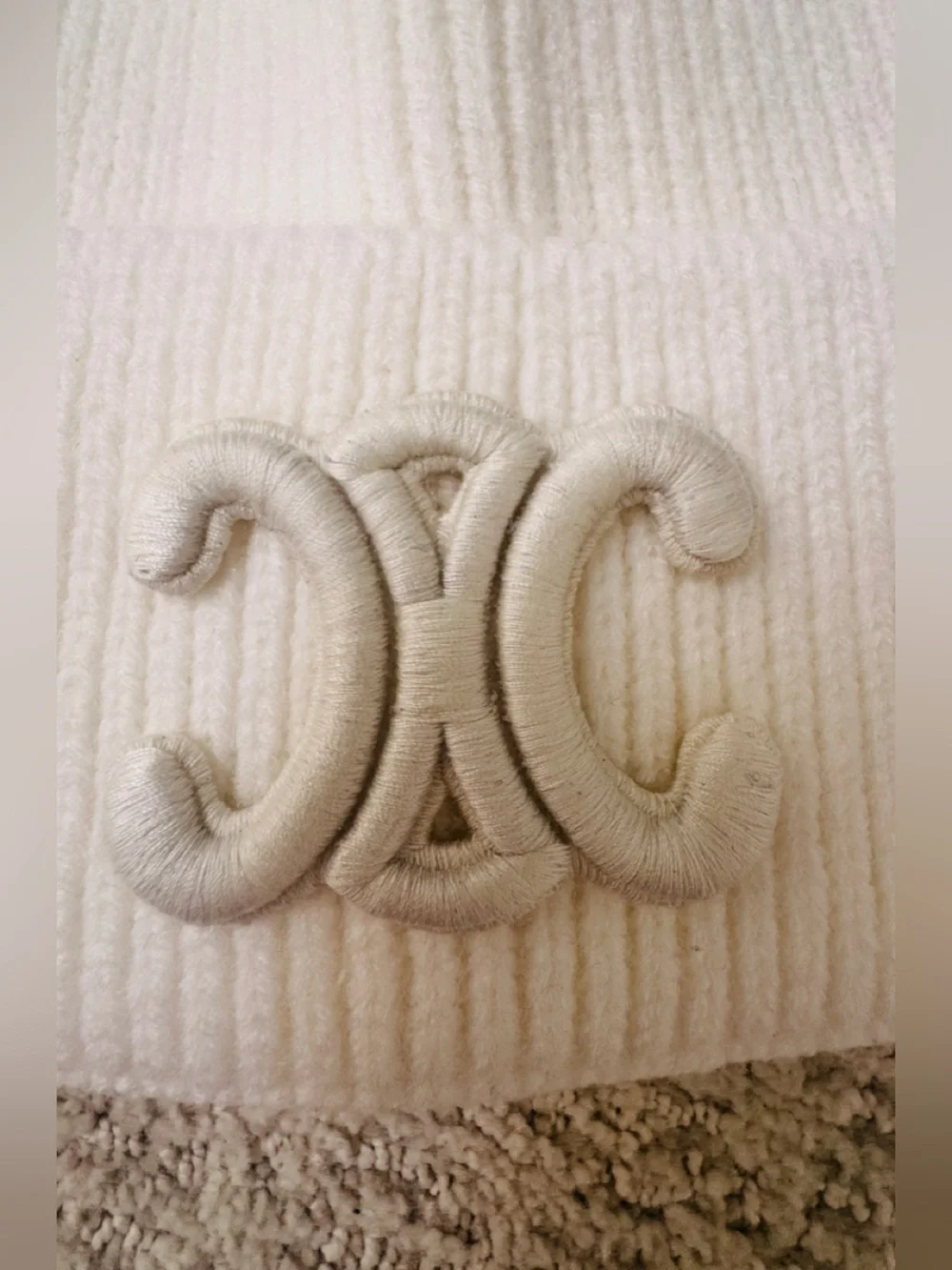 Celine Cream Ribbed Knit Beanie with Embroidered Logo